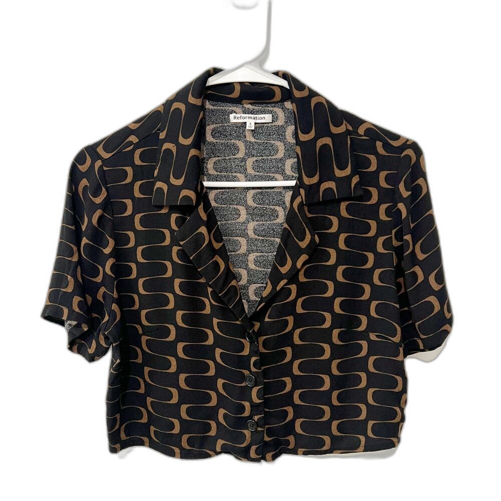 Reformation The Noah Crop Top Geometric Wavy Line Boxy Button Down Shirt SIZE 6